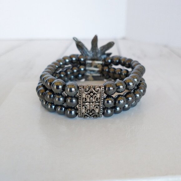 Handmade Floral Beaded Necklace Hematite Triple Layer Corsage Jewelry Whimsigoth - Picture 4 of 11